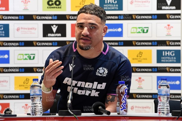 210226 - Wales v Scotland - Guinness Men's Six Nations - Sione Tuipulotu of Scotland speaks in a press conference after the match