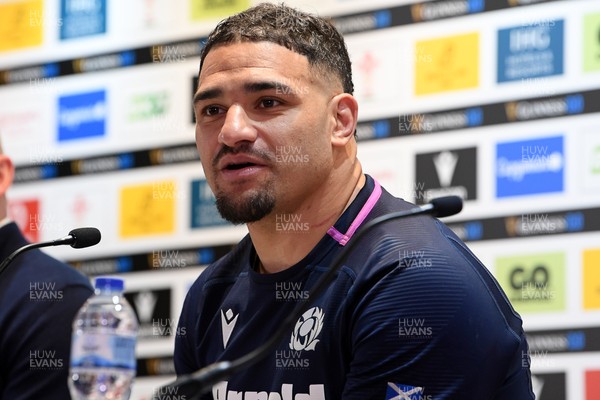 210226 - Wales v Scotland - Guinness Men's Six Nations - Sione Tuipulotu of Scotland speaks in a press conference after the match