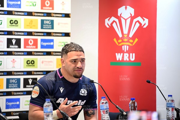 210226 - Wales v Scotland - Guinness Men's Six Nations - Sione Tuipulotu of Scotland speaks in a press conference after the match