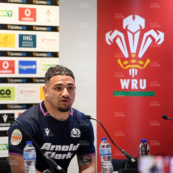 210226 - Wales v Scotland - Guinness Men's Six Nations - Sione Tuipulotu of Scotland speaks in a press conference after the match