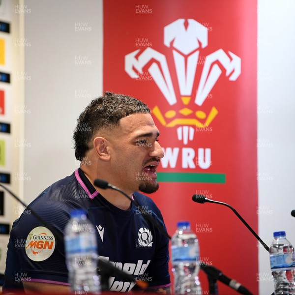 210226 - Wales v Scotland - Guinness Men's Six Nations - Sione Tuipulotu of Scotland speaks in a press conference after the match