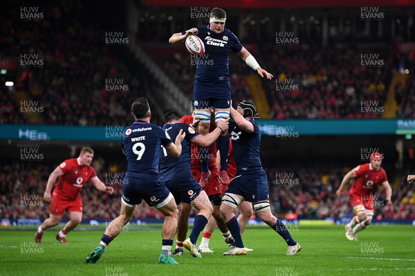 210226 - Wales v Scotland - Guinness Men's Six Nations - Scott Cummings of Scotland wins the line-out