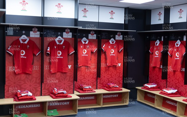 230324 - Wales v Scotland, Guinness Women’s 6 Nations - Wales match shirts hang in the changing room ahead of kick off
