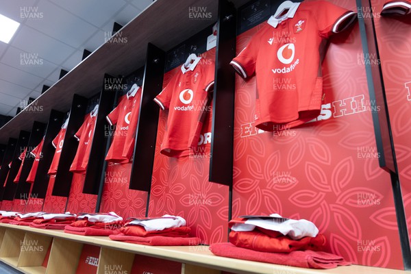 230324 - Wales v Scotland, Guinness Women’s 6 Nations - Wales match shirts hang in the changing room ahead of kick off