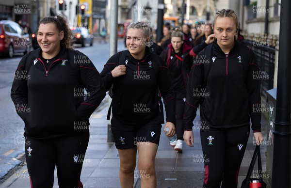 230324 - Wales v Scotland, Guinness Women’s 6 Nations - Gwenllian Pyrs, Alex Callender and Hannah Jones of Wales leave the hotel for the short walk to the stadium