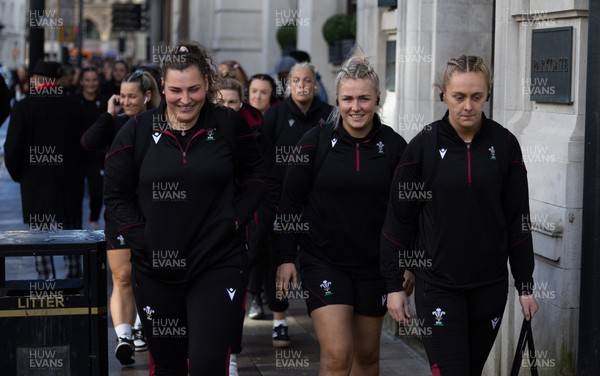 230324 - Wales v Scotland, Guinness Women’s 6 Nations - Gwenllian Pyrs, Alex Callender and Hannah Jones of Wales leave the hotel for the short walk to the stadium