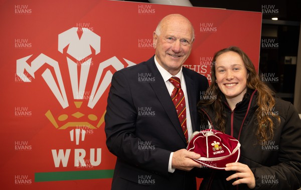 230324 - Wales v Scotland, Guinness Women’s 6 Nations - WRU President Terry Cobner presents Jenny Hesketh with her first cap during the after match function