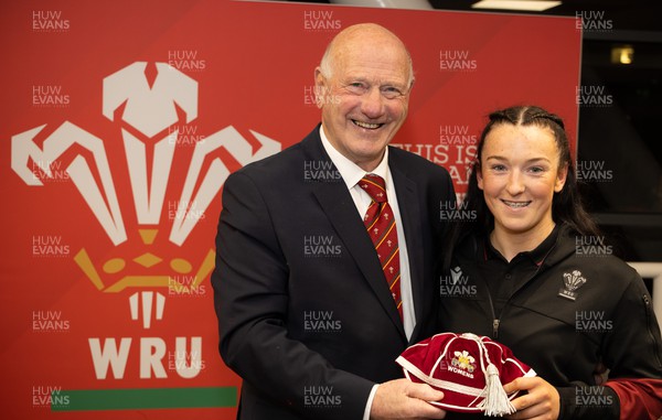 230324 - Wales v Scotland, Guinness Women’s 6 Nations - WRU President Terry Cobner presents Sian Jones with her first cap during the after match function