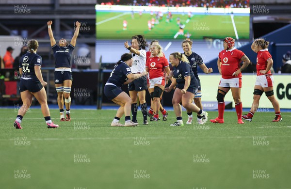 230324 - Wales v Scotland, Guinness Women’s 6 Nations - Scotland players celebrate on the final whistle