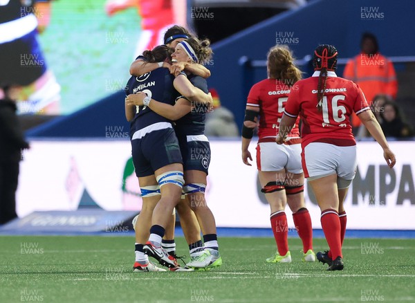 230324 - Wales v Scotland, Guinness Women’s 6 Nations - Scotland players celebrate on the final whistle
