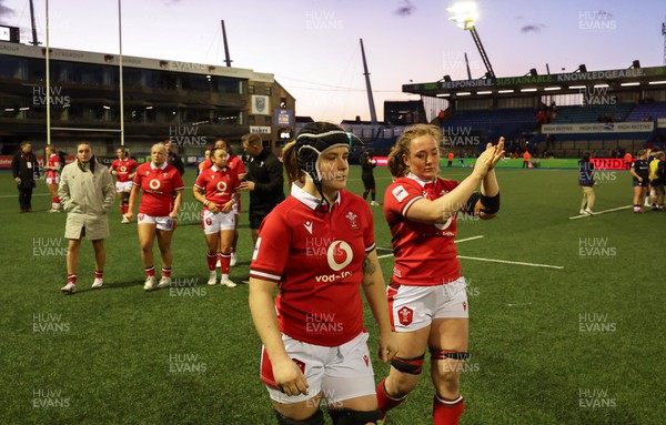 230324 - Wales v Scotland, Guinness Women’s 6 Nations - Bethan Lewis and Abbie Fleming of Wales at the end of the match