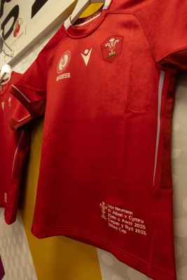 230825 - Wales v Scotland, Women’s Rugby World Cup - Lisa Neumann of Wales’ 50th cap shirt hangs in the Wales team changing room set for their opening Women’s Rugby World Cup match against Scotland