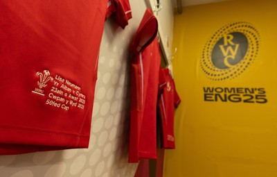 230825 - Wales v Scotland, Women’s Rugby World Cup - Lisa Neumann of Wales’ 50th cap shirt hangs in the Wales team changing room set for their opening Women’s Rugby World Cup match against Scotland