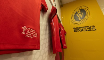 230825 - Wales v Scotland, Women’s Rugby World Cup - Lisa Neumann of Wales’ 50th cap shirt hangs in the Wales team changing room set for their opening Women’s Rugby World Cup match against Scotland