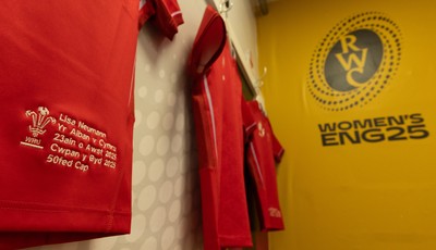 230825 - Wales v Scotland, Women’s Rugby World Cup - Lisa Neumann of Wales’ 50th cap shirt hangs in the Wales team changing room set for their opening Women’s Rugby World Cup match against Scotland