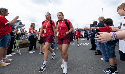 230825 - Wales v Scotland, Women’s Rugby World Cup - Alaw Pyrs of Wales and Jenni Scoble of Wales arrive at the groundi