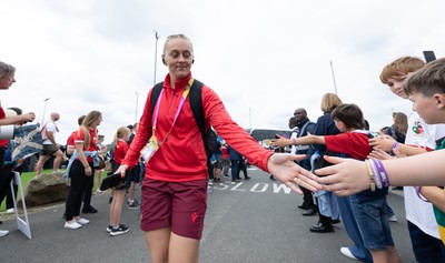 230825 - Wales v Scotland, Women’s Rugby World Cup - Hannah Dallavalle of Wales arrives at the ground