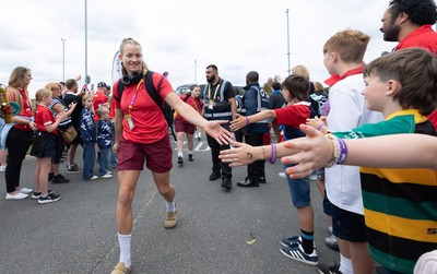 230825 - Wales v Scotland, Women’s Rugby World Cup - Carys Cox of Wales arrives at the ground