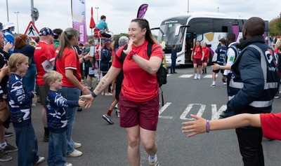 230825 - Wales v Scotland, Women’s Rugby World Cup - Gwen Crabb of Wales arrives at the ground