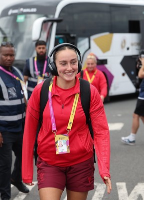 230825 - Wales v Scotland, Women’s Rugby World Cup - Nel Metcalfe of Wales arrives at the ground