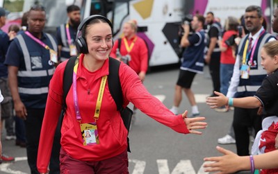 230825 - Wales v Scotland, Women’s Rugby World Cup - Nel Metcalfe of Wales arrives at the ground