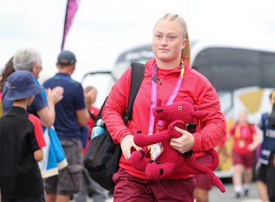230825 - Wales v Scotland, Women’s Rugby World Cup - Seren Lockwood of Wales arrives at the ground