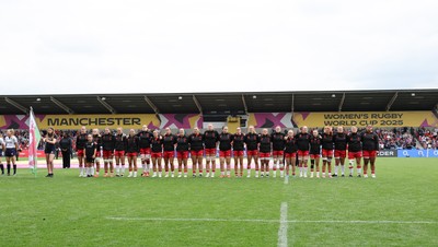 230825 - Wales v Scotland, Women’s Rugby World Cup - Wales line up for the anthems