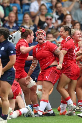 230825 - Wales v Scotland, Women’s Rugby World Cup - Donna Rose of Wales celebrates after Wales power over for their first try