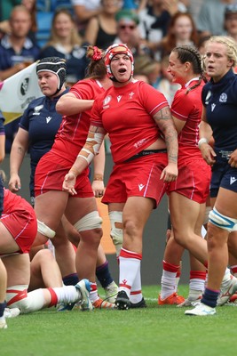 230825 - Wales v Scotland, Women’s Rugby World Cup - Donna Rose of Wales celebrates after Wales power over for their first try