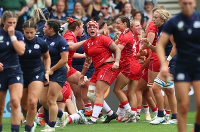 230825 - Wales v Scotland, Women’s Rugby World Cup - Donna Rose of Wales celebrates after Wales power over for their first try