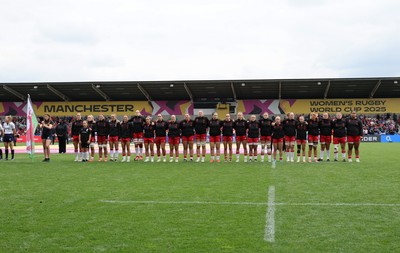230825 - Wales v Scotland, Women’s Rugby World Cup -  The Wales team lineup for the anthems