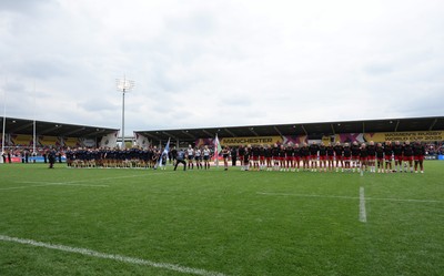 230825 - Wales v Scotland, Women’s Rugby World Cup -  The Wales team lineup for the anthems
