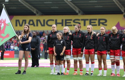 230825 - Wales v Scotland, Women’s Rugby World Cup -  The Wales team lineup for the anthems