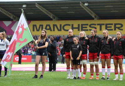230825 - Wales v Scotland, Women’s Rugby World Cup -  The Wales team lineup for the anthems