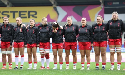 230825 - Wales v Scotland, Women’s Rugby World Cup -  The Wales team lineup for the anthems