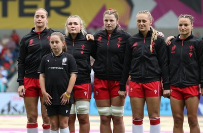 230825 - Wales v Scotland, Women’s Rugby World Cup -  The Wales team lineup for the anthems