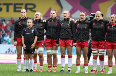 230825 - Wales v Scotland, Women’s Rugby World Cup -  The Wales team lineup for the anthems