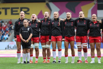 230825 - Wales v Scotland, Women’s Rugby World Cup -  The Wales team lineup for the anthems