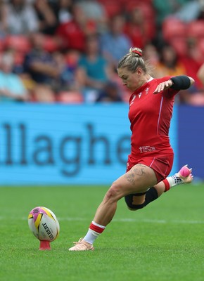 230825 - Wales v Scotland, Women’s Rugby World Cup - Keira Bevan of Wales kicks penalty