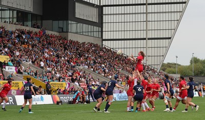 230825 - Wales v Scotland, Women’s Rugby World Cup - Abbie Fleming of Wales takes the line out