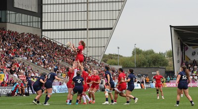 230825 - Wales v Scotland, Women’s Rugby World Cup - Abbie Fleming of Wales takes the line out