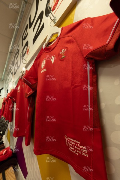 230825 - Wales v Scotland, Women’s Rugby World Cup - Lisa Neumann of Wales’ 50th cap shirt hangs in the Wales team changing room set for their opening Women’s Rugby World Cup match against Scotland