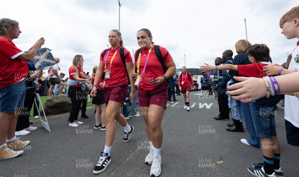 230825 - Wales v Scotland, Women’s Rugby World Cup - Alaw Pyrs of Wales and Jenni Scoble of Wales arrive at the groundi