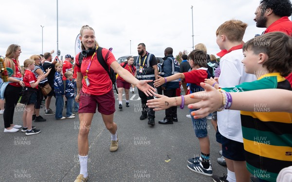 230825 - Wales v Scotland, Women’s Rugby World Cup - Carys Cox of Wales arrives at the ground