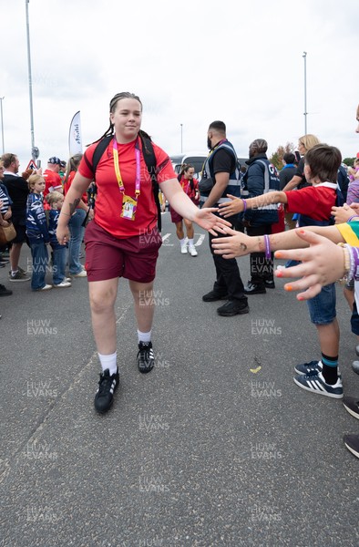 230825 - Wales v Scotland, Women’s Rugby World Cup - Maisie Davies of Wales arrives at the ground