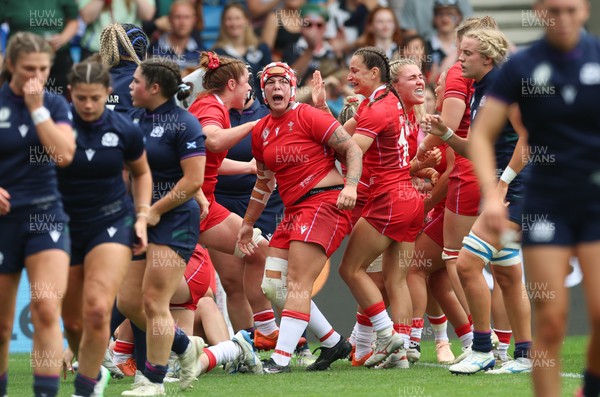 230825 - Wales v Scotland, Women’s Rugby World Cup - Donna Rose of Wales celebrates after Wales power over for their first try