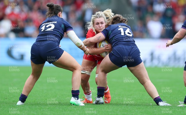 230825 - Wales v Scotland, Women’s Rugby World Cup - Alex Callender of Wales takes on Elis Martin of Scotland