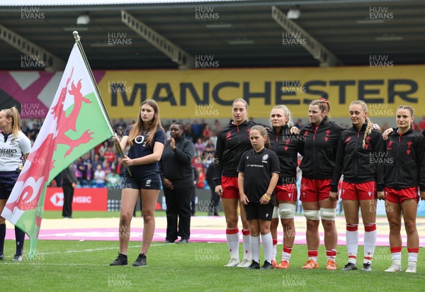 230825 - Wales v Scotland, Women’s Rugby World Cup -  The Wales team lineup for the anthems