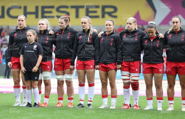 230825 - Wales v Scotland, Women’s Rugby World Cup -  The Wales team lineup for the anthems