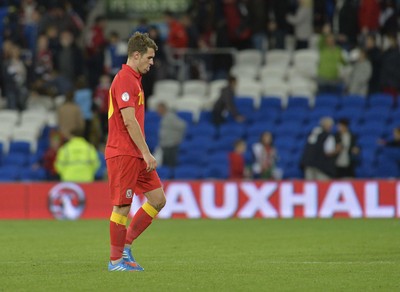 100913 -  Wales v Serbia - FIFA 2014 World Cup Qualifying Match -  Reaction from Aaron Ramsey of Wales at the end of the match( c ) Huw Evans Agency